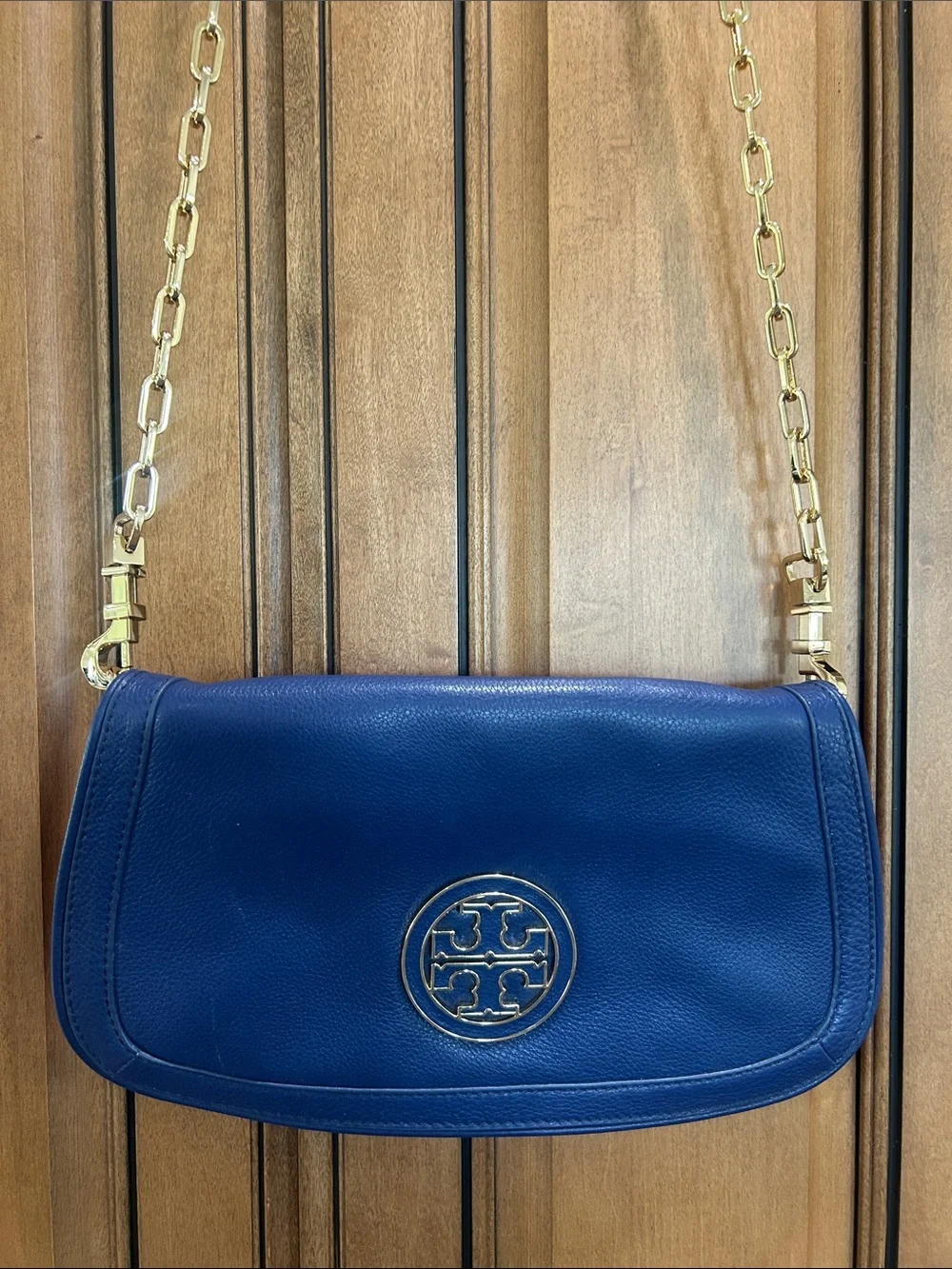Tory Burch Royal Blue Leather Crossbody with Gold Chain